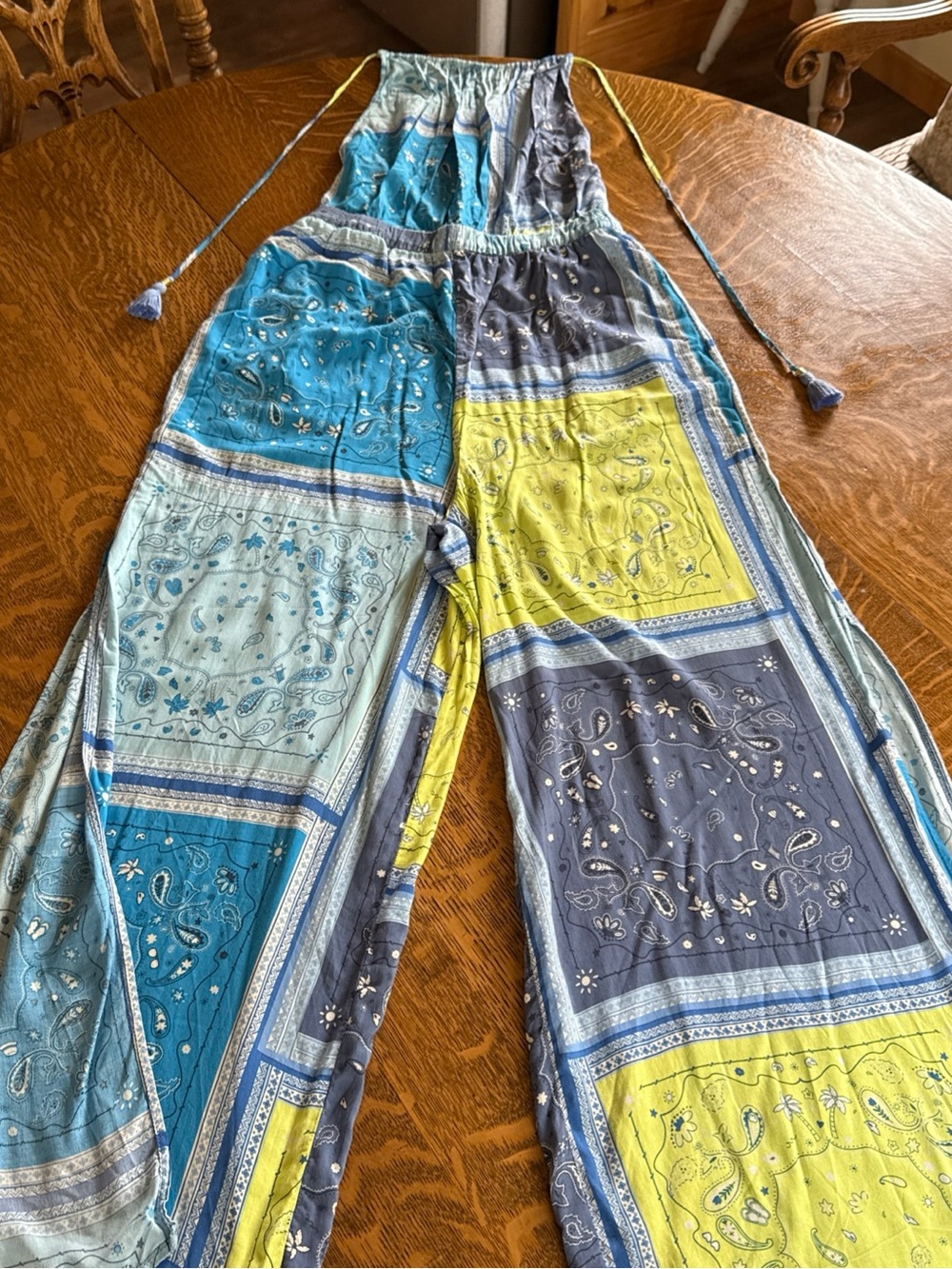 aerie Patchwork Wide-Leg Jumpsuit in Blue, Teal & Lime